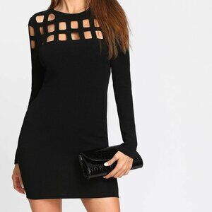 NWT Shein Black Caged Laser Cut Bodycon Fitted Stretch Sheath Mini Dress L